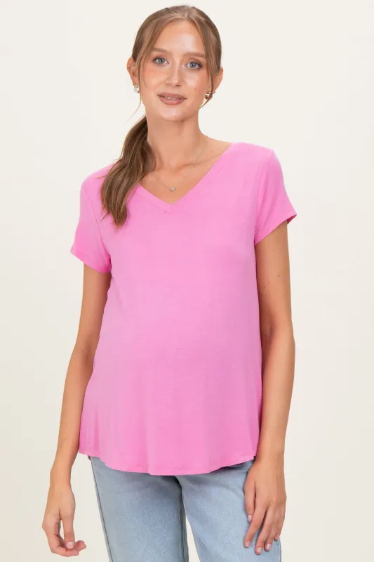 Pink Basic V-Neck Short Sleeve Maternity Top made by Zenana Outfitters