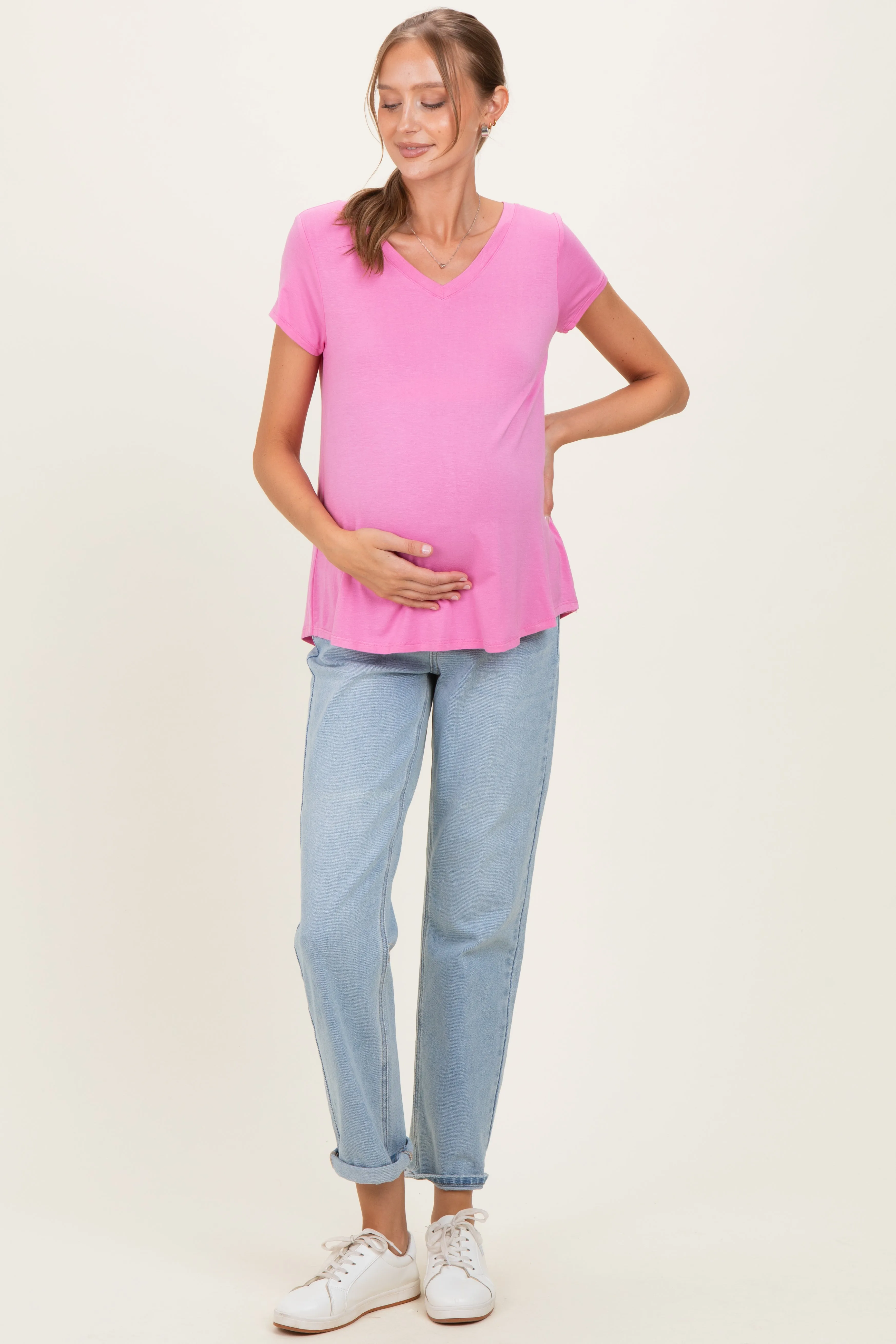 Pink Basic V-Neck Short Sleeve Maternity Top sold by Pinkblush product image thumbnail 2