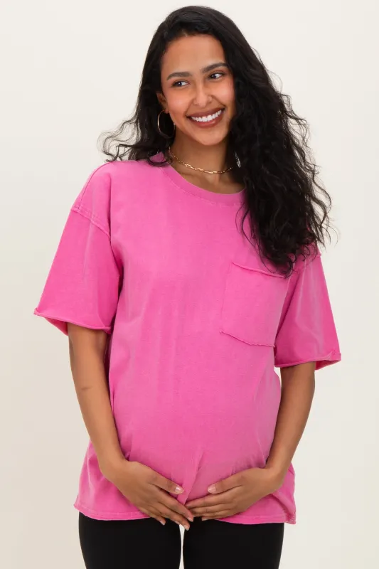 Fuchsia Vintage Wash Raw Edge Pocket Maternity T-Shirt made by HYFVE