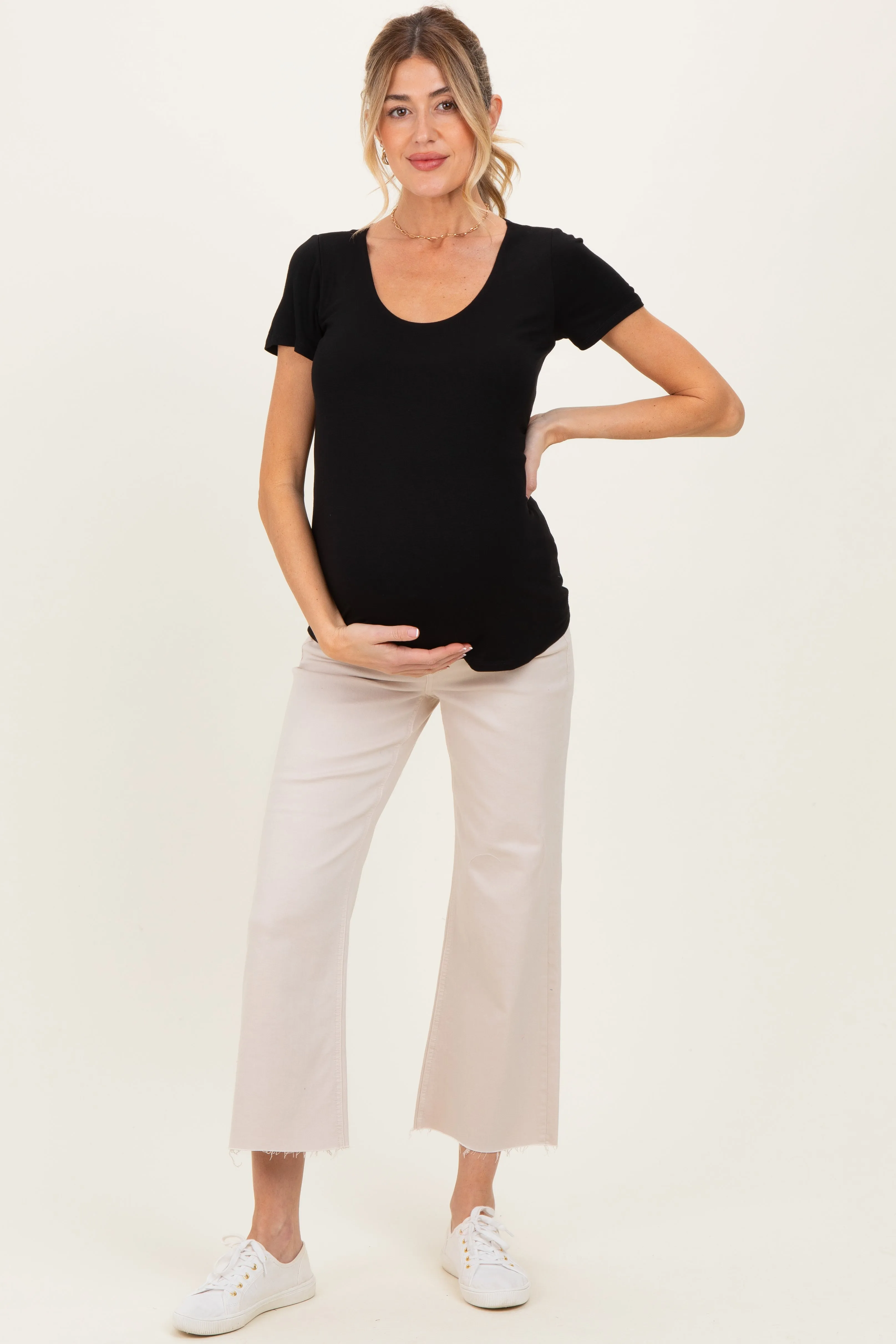 Black Short Sleeve Scoop Neck Maternity Knit T-Shirt sold by Pinkblush product image thumbnail 2