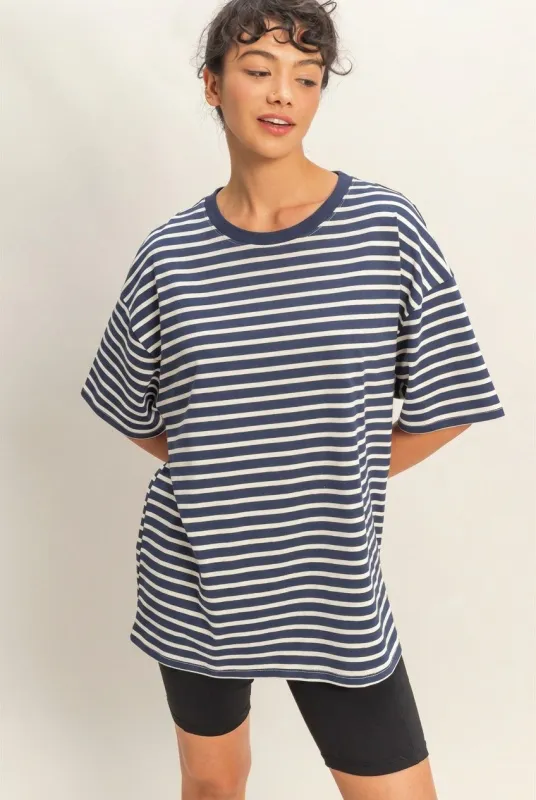 Navy Striped Short Sleeve Crew Neck Oversized Cotton Top sold by Pinkblush