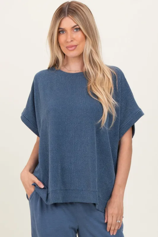 Blue Solid Ribbed Short Sleeve Oversized Tunic Top made by Pinkblush