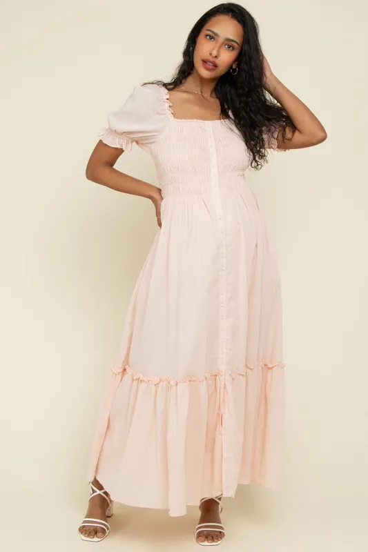 Light Pink Smocked Button Down Maternity Maxi Dress sold by Pinkblush