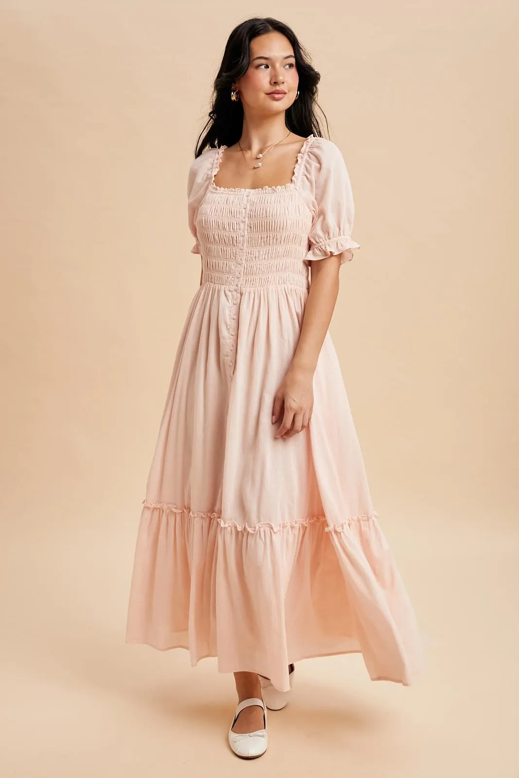 Light Pink Smocked Button Down Maternity Maxi Dress sold by Pinkblush product image thumbnail 2