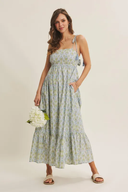Blue Multi Garden Floral Open-Back With Bow Cotton Midi Dress sold by Pinkblush