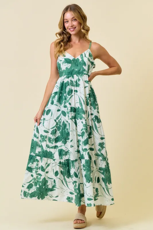 Green Floral Tiered Cutout Tie Back Maxi Dress sold by Pinkblush