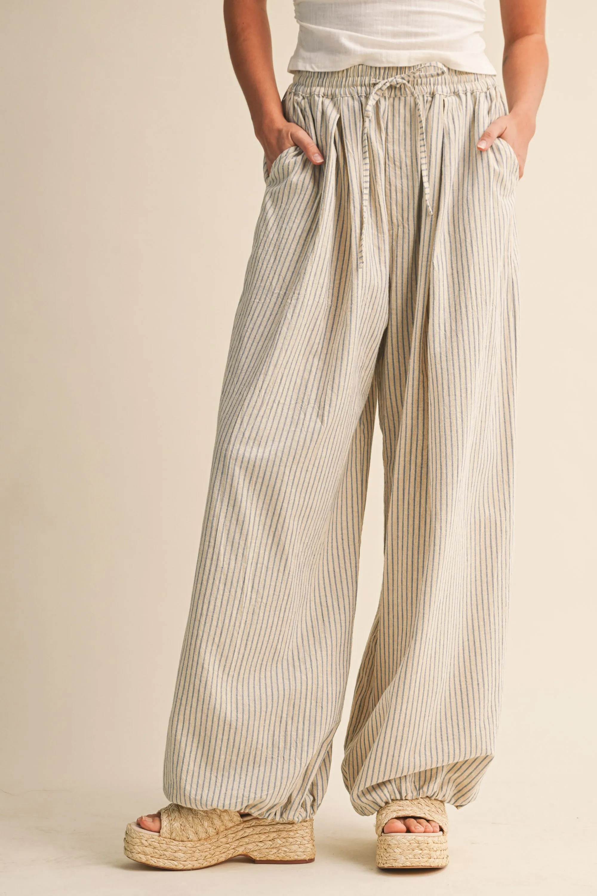 Light Blue Striped Balloon Maternity Pants sold by Pinkblush