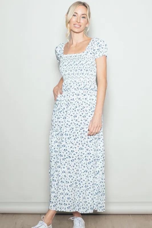 White Floral Smocked Puff Sleeve Maxi Dress sold by Pinkblush