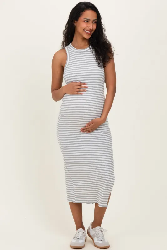 Heather Grey Striped Side Slit Maternity Tank Dress sold by Pinkblush