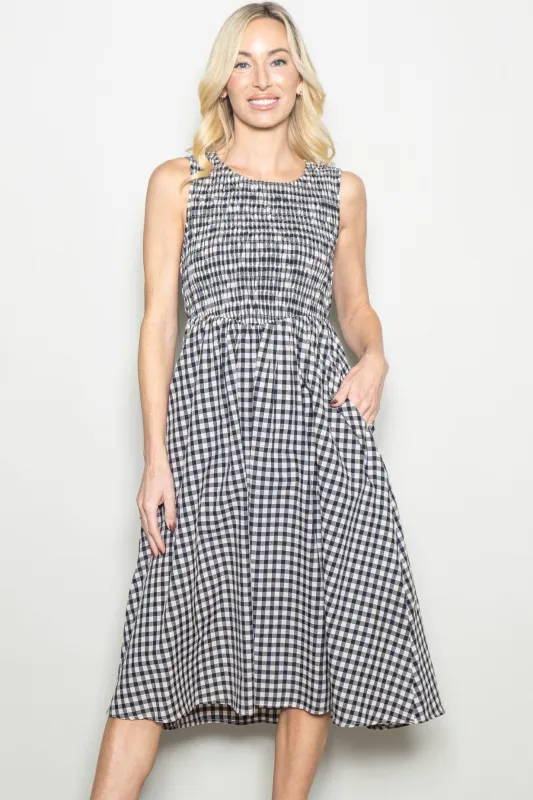 Black Gingham Smocked Sleeveless Midi Dress sold by Pinkblush