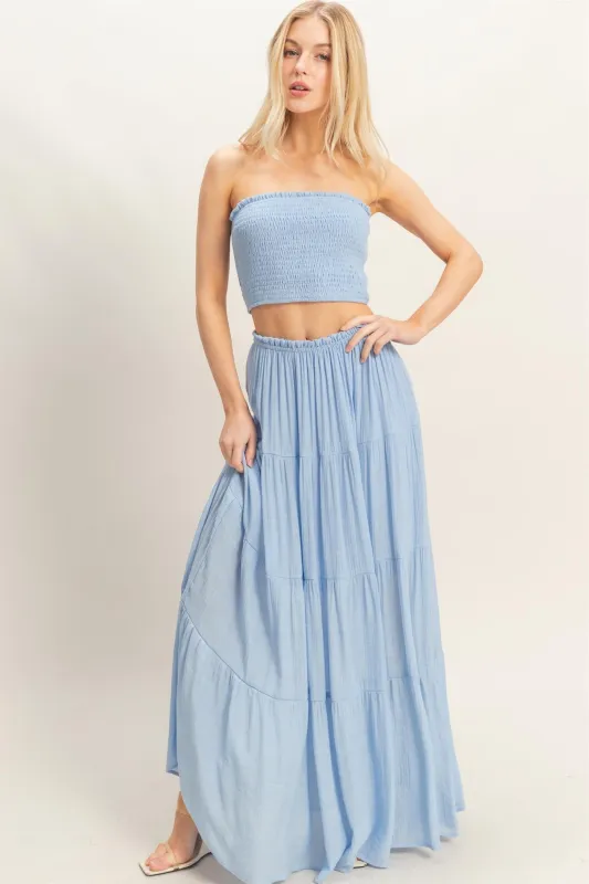 Light Blue Smocked Tube Top Tiered Skirt Set sold by Pinkblush
