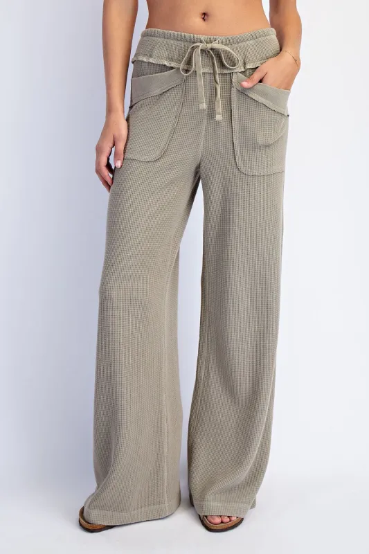 Olive Mineral Wash Waffle Knit Wide Leg Pants sold by Pinkblush