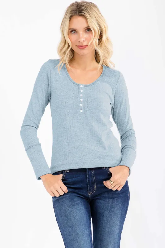 Light Blue Pointelle Knit Henley Top made by Pinkblush