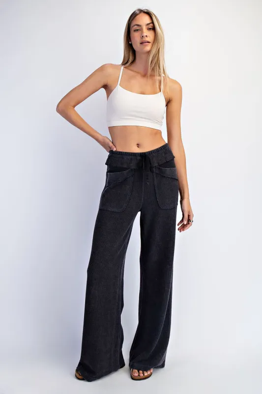 Black Mineral Wash Waffle Knit Wide Leg Pants made by Rae Mode