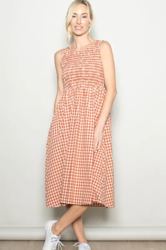Red Gingham Smocked Sleeveless Midi Dress sold by Pinkblush