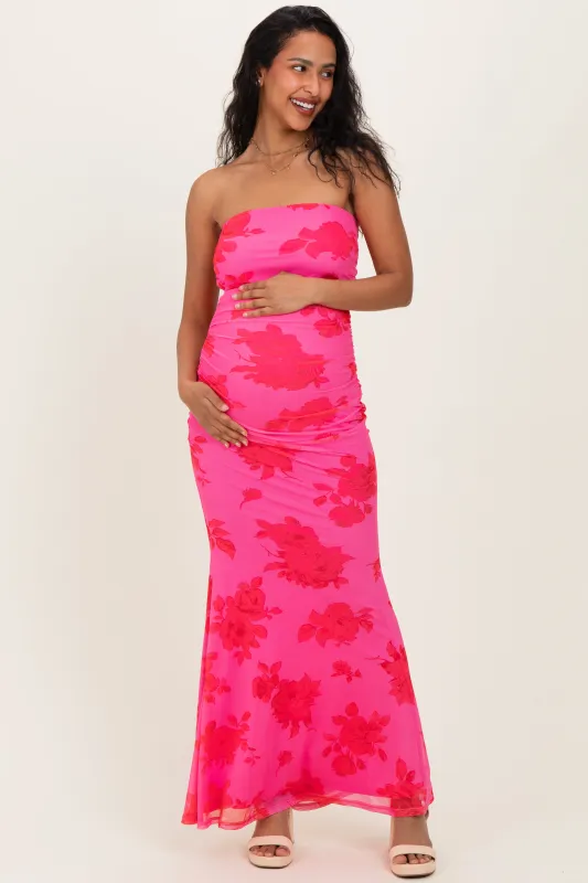 Fuchsia Floral Open Back Strapless Ruched Maternity Maxi Dress made by Pinkblush