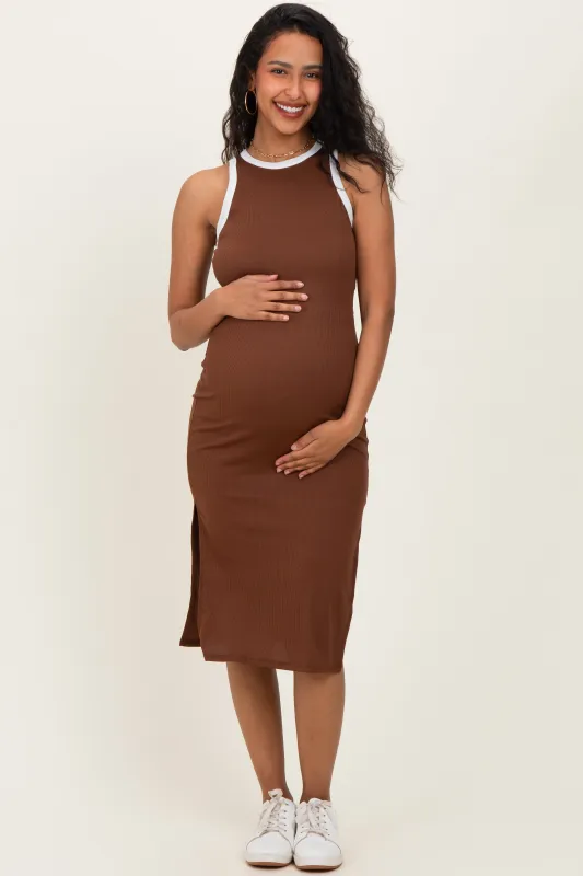 Brown/Soft White High Neck Ribbed Sleeveless Maternity Midi Dress made by Pinkblush