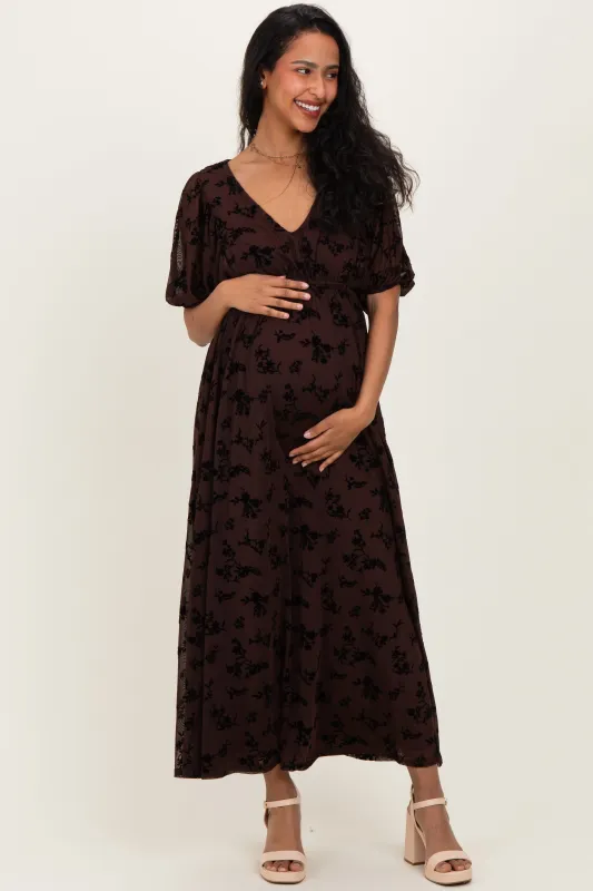 Brown Floral Mesh 3/4 Sleeve V-Neck Maternity Maxi Dress made by Pinkblush