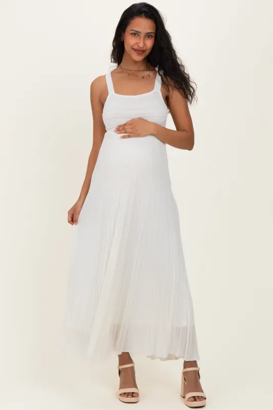 Off White Textured Knit Shoulder Tie Maternity Midi Dress made by MABLE