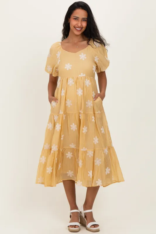 Saffron Yellow Embroidered Floral Tiered Maternity Midi Dress made by tea n rose