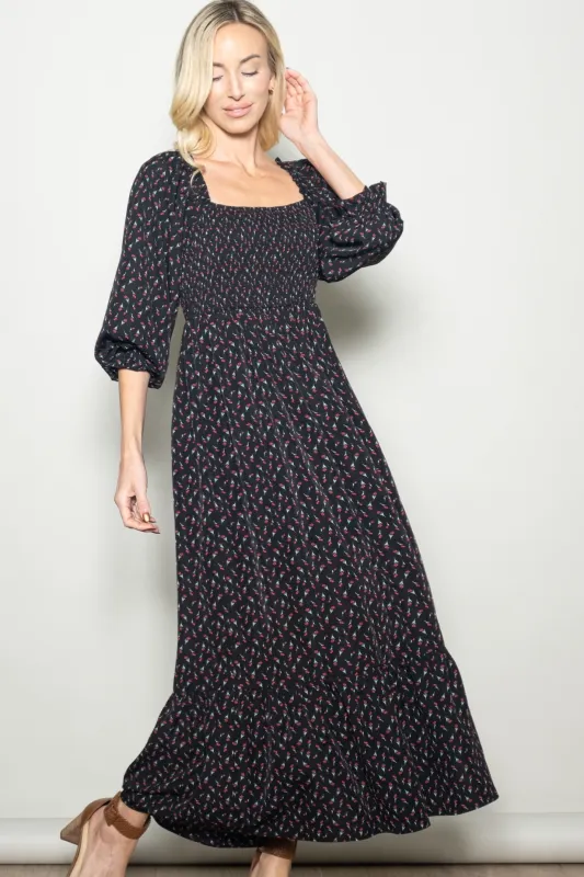 Black Floral 3/4 Sleeve Maxi Dress made by Pinkblush