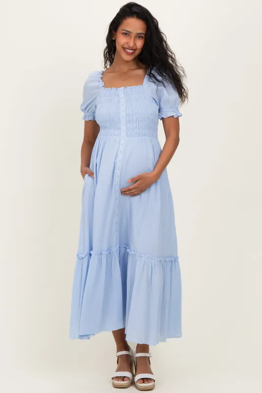 Light Blue Smocked Button Down Maternity Maxi Dress sold by Pinkblush