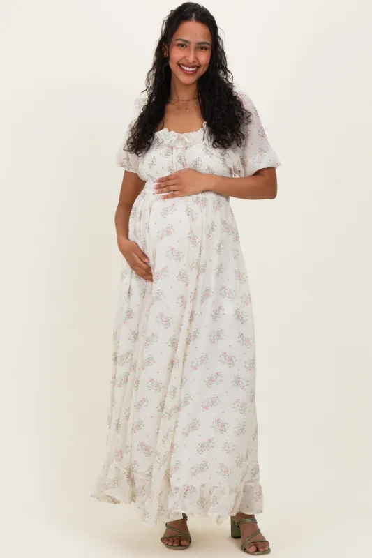 Creme Floral Chiffon Smocked Ruffle Maternity Maxi Dress sold by Pinkblush