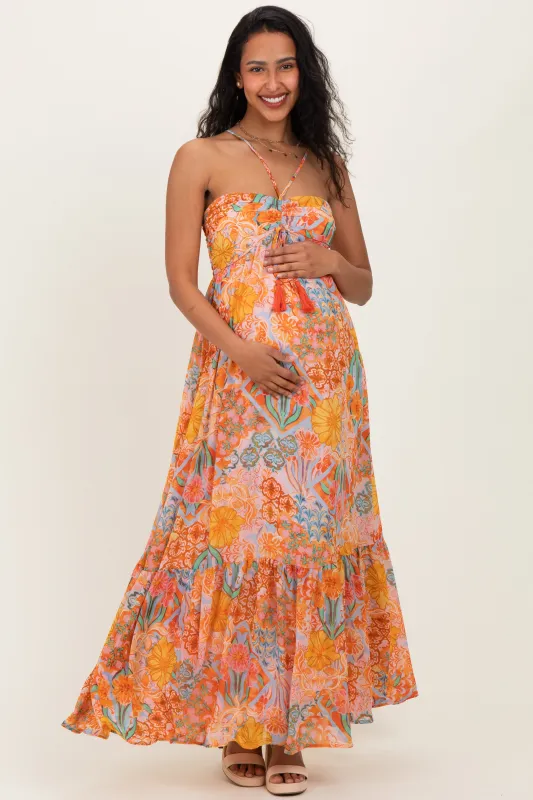 Multicolor Floral Halter Crisscross Back Maternity Maxi Dress sold by Pinkblush
