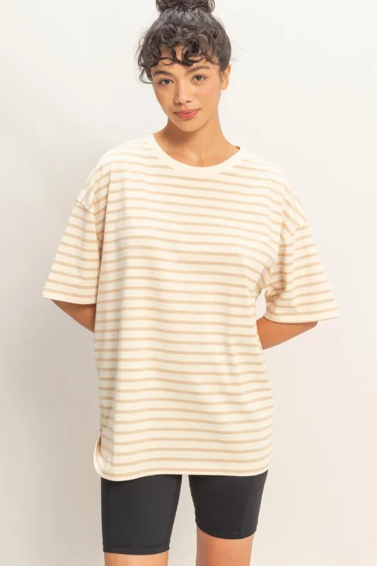 Taupe Striped Short Sleeve Crew Neck Oversized Cotton Top made by HYFVE