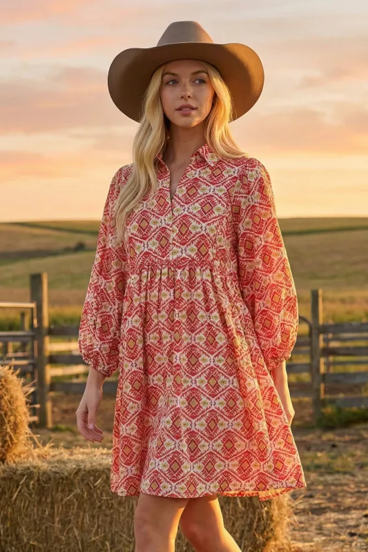 Red Print Collared Balloon Sleeve Dress made by Pinkblush