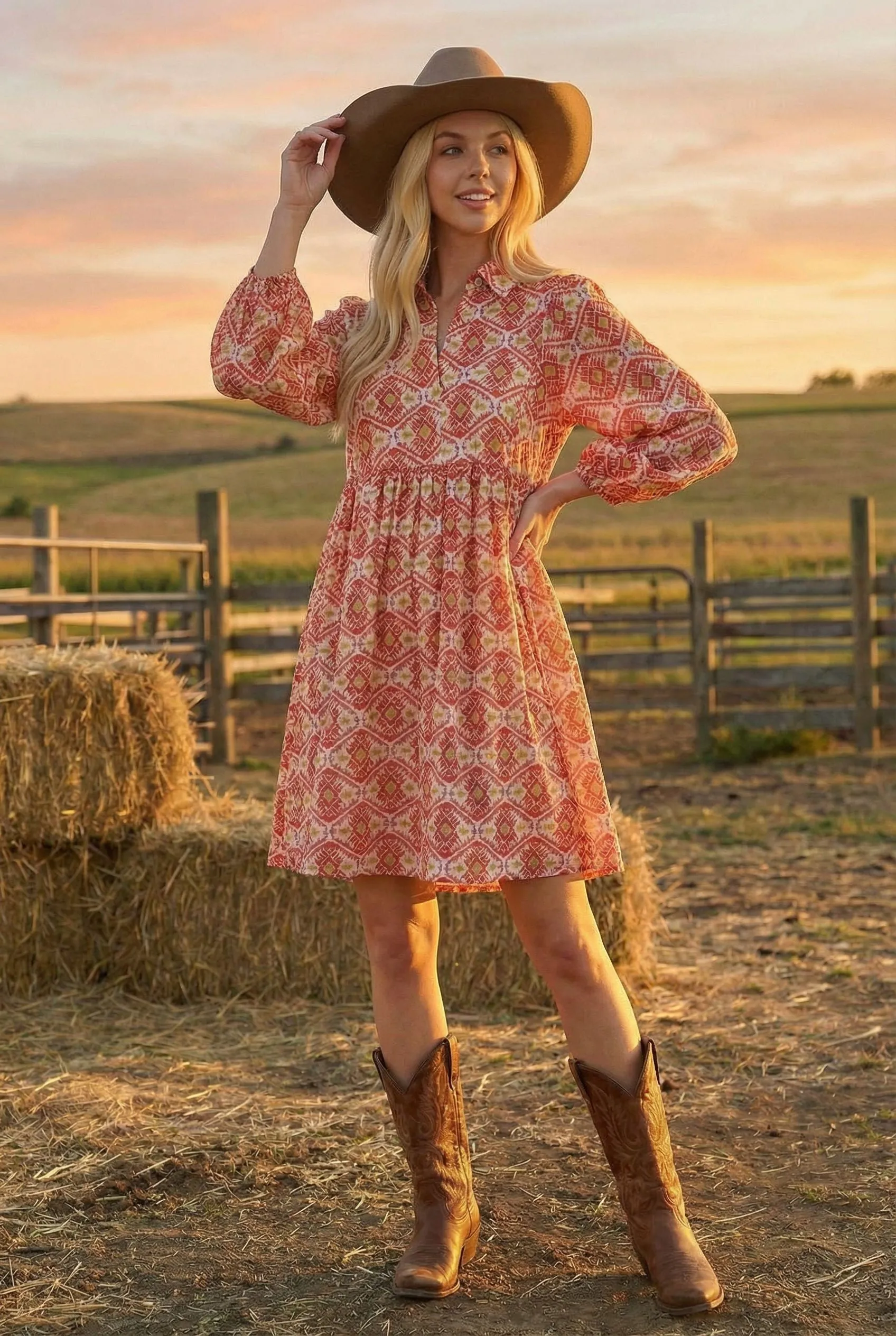 Red Print Collared Balloon Sleeve Dress sold by Pinkblush product image thumbnail 2