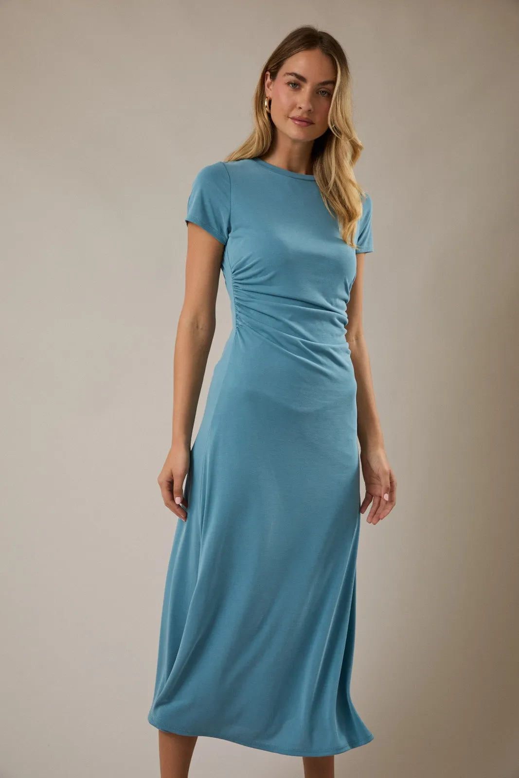 Blue Short Sleeve Ruched Midi Dress sold by Pinkblush product image thumbnail 3