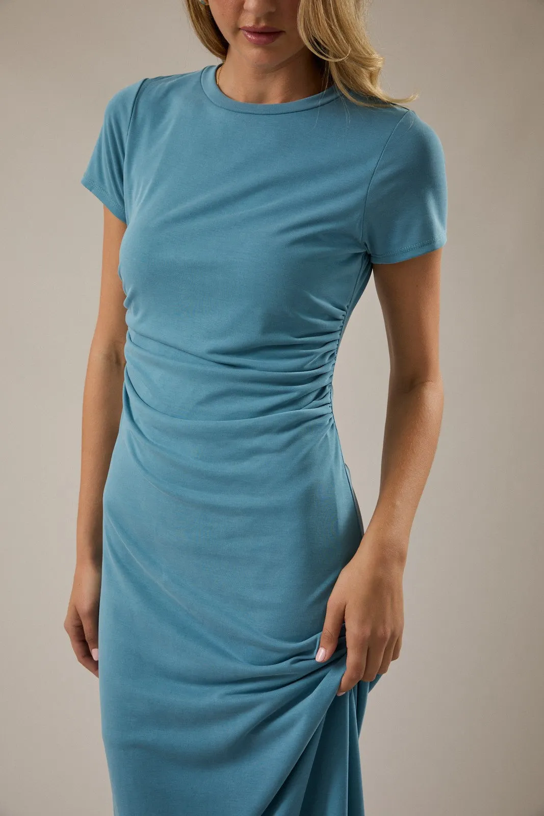 Blue Short Sleeve Ruched Midi Dress sold by Pinkblush product image thumbnail 4