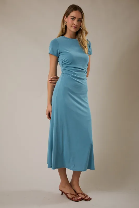 Blue Short Sleeve Ruched Midi Dress made by Gilli