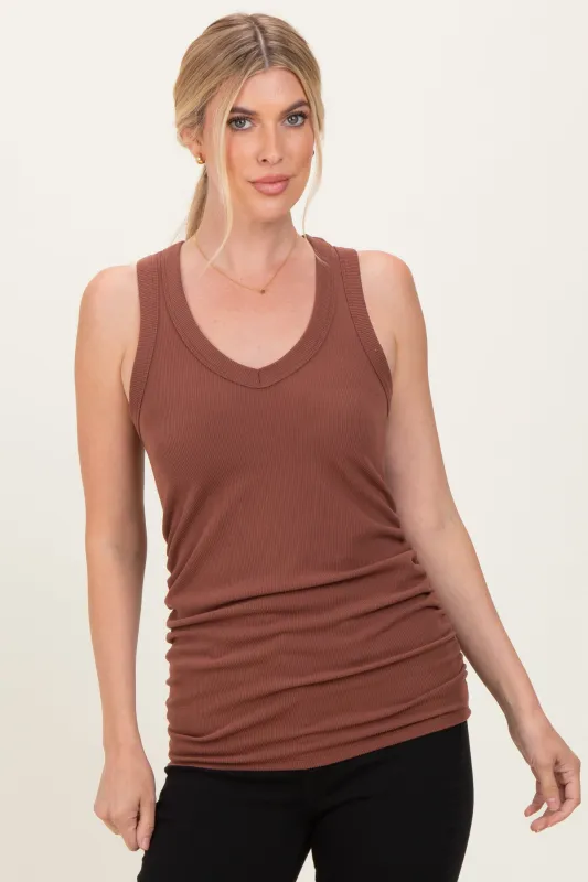 Brown Ribbed Sleeveless Ruched Tank Top sold by Pinkblush