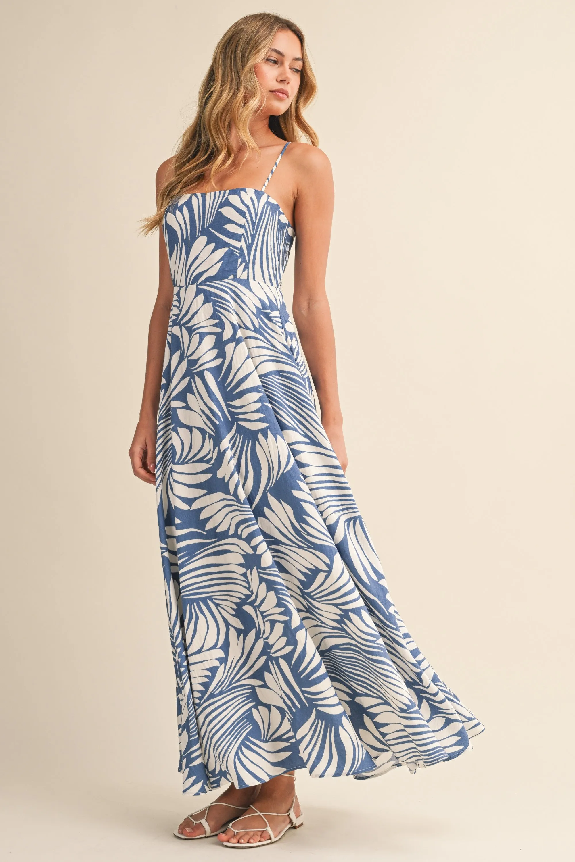 Blue Printed Linen A-Line Midi Dress sold by Pinkblush product image thumbnail 4