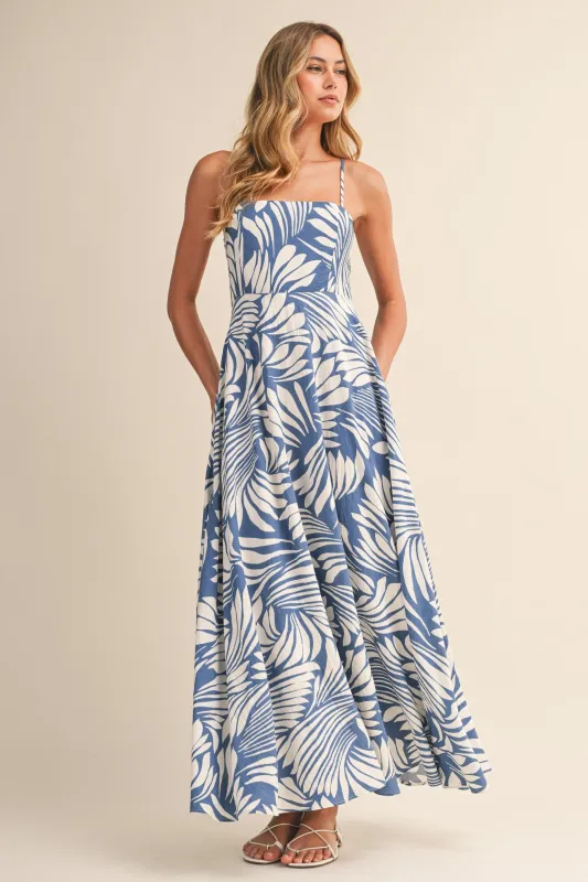 Blue Printed Linen A-Line Midi Dress sold by Pinkblush