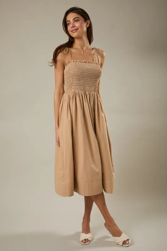 Light Taupe Shoulder Tie Smocked Midi Dress made by Gilli