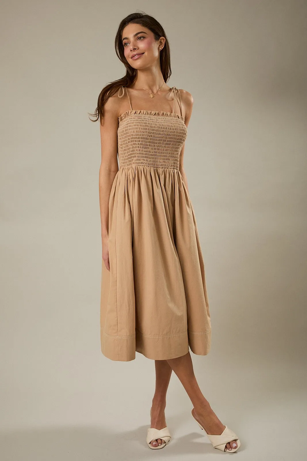 Light Taupe Shoulder Tie Smocked Midi Dress sold by Pinkblush