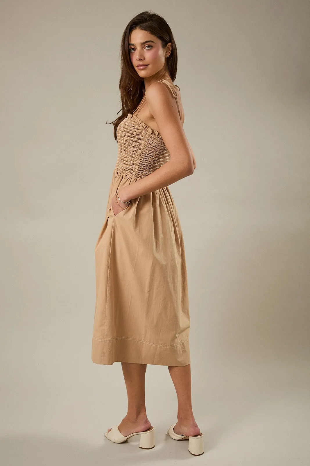 Light Taupe Shoulder Tie Smocked Midi Dress sold by Pinkblush product image thumbnail 2