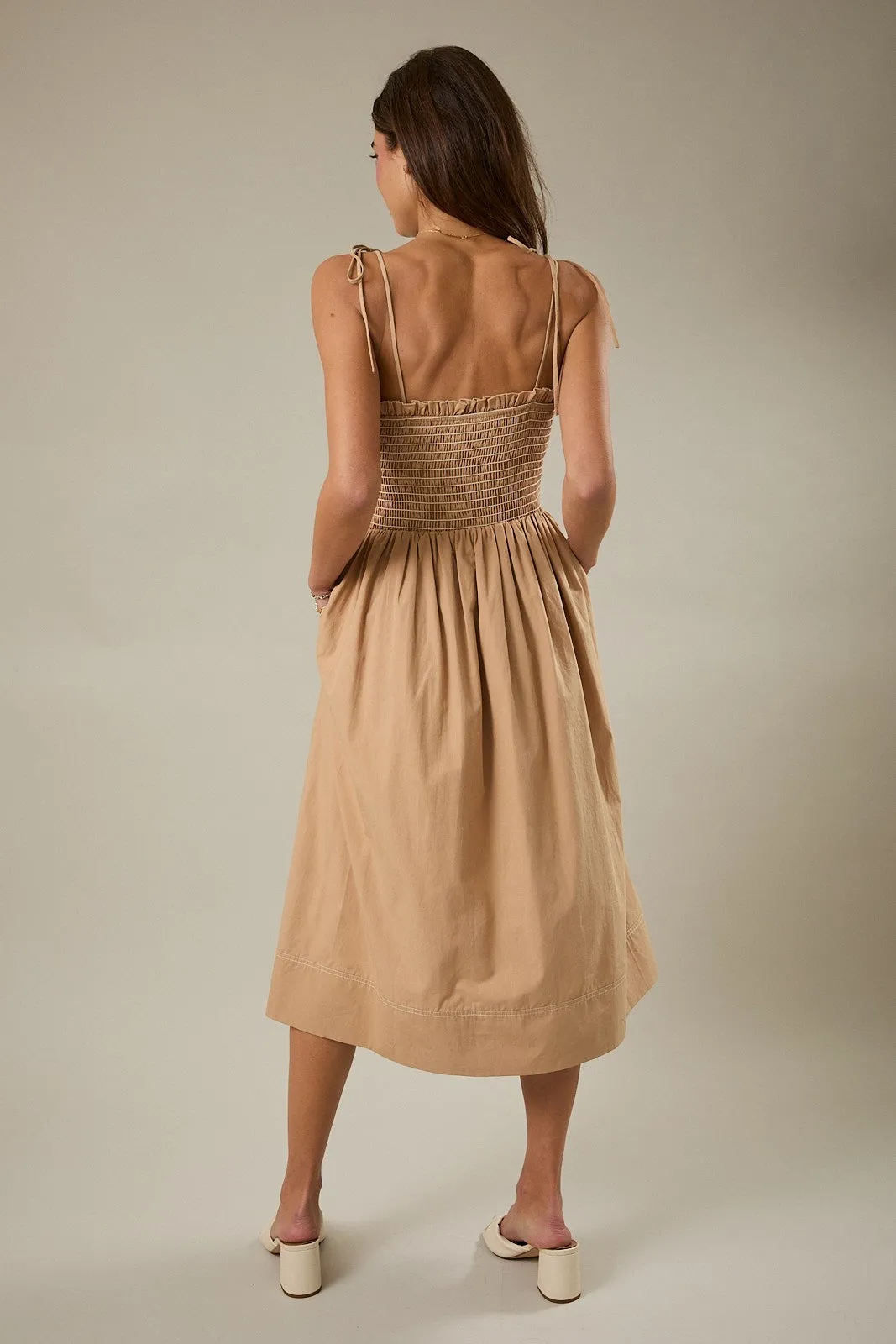 Light Taupe Shoulder Tie Smocked Midi Dress sold by Pinkblush product image thumbnail 3