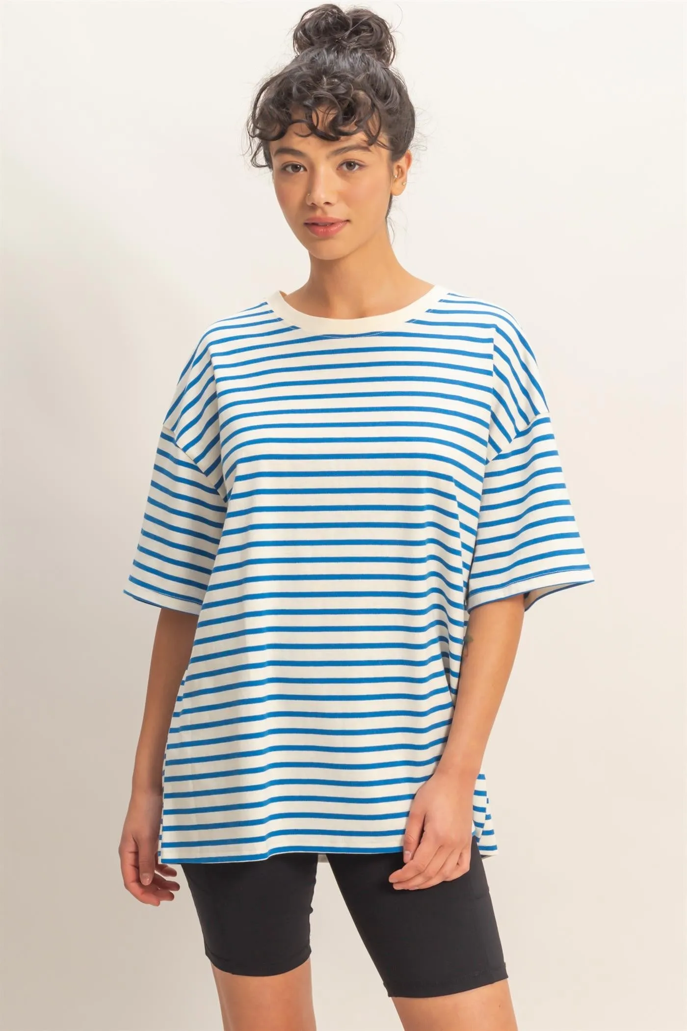 Blue Striped Short Sleeve Crew Neck Oversized Cotton Top sold by Pinkblush product image thumbnail 4