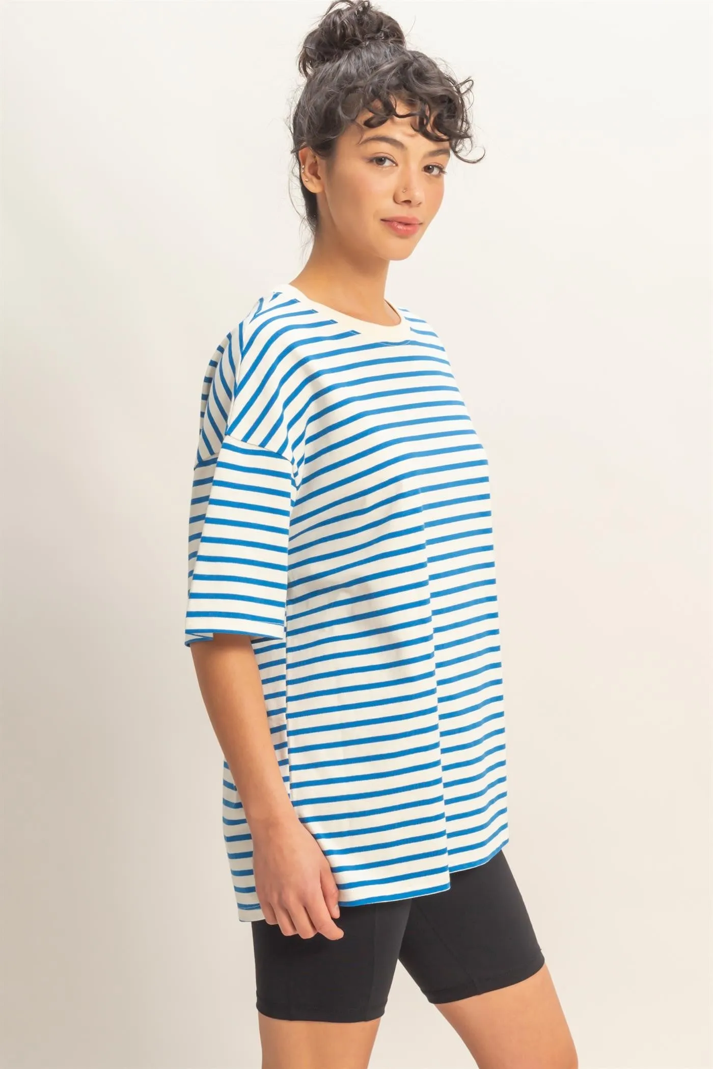 Blue Striped Short Sleeve Crew Neck Oversized Cotton Top sold by Pinkblush product image thumbnail 2