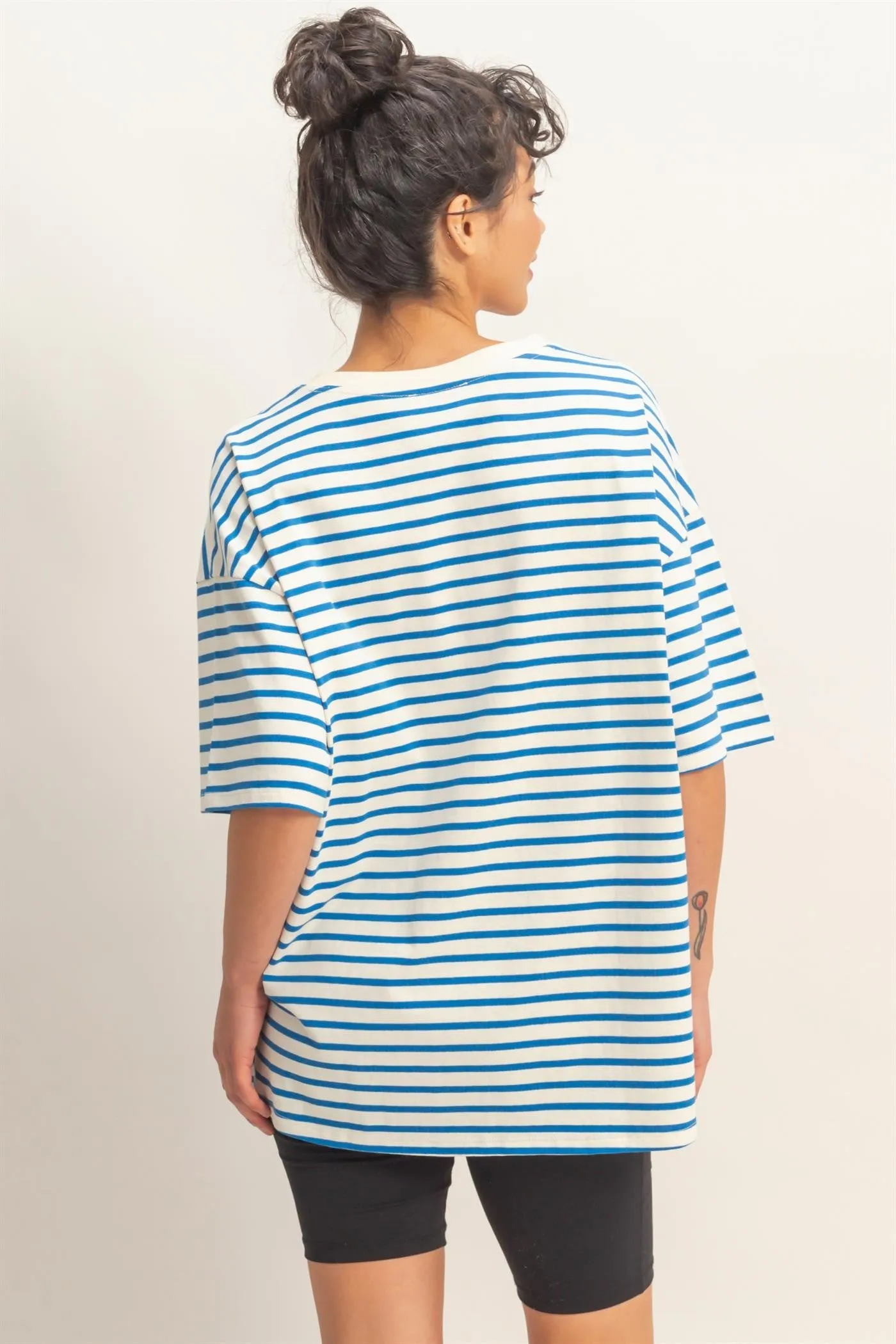 Blue Striped Short Sleeve Crew Neck Oversized Cotton Top sold by Pinkblush product image thumbnail 3
