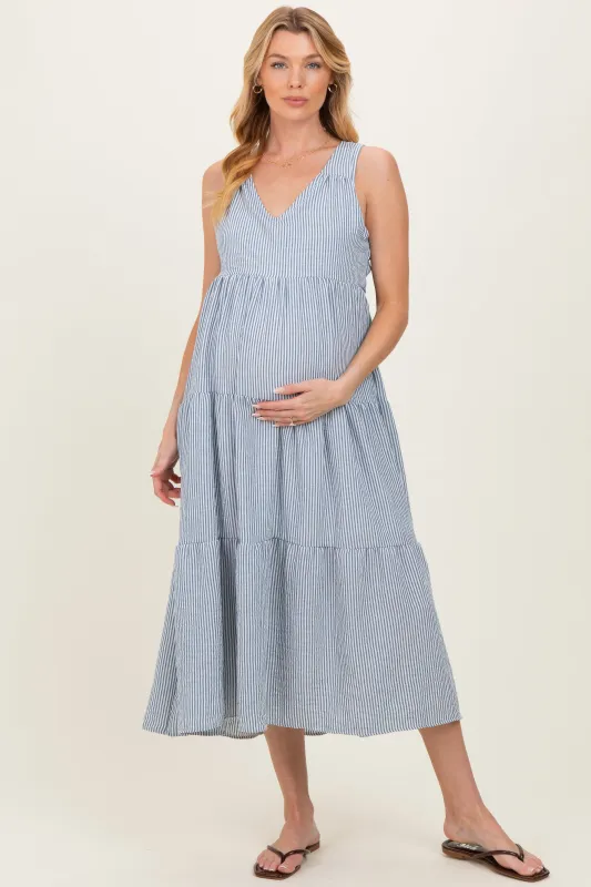 Blue Striped V-Neck Sleeveless Tiered Maternity Midi Dress sold by Pinkblush