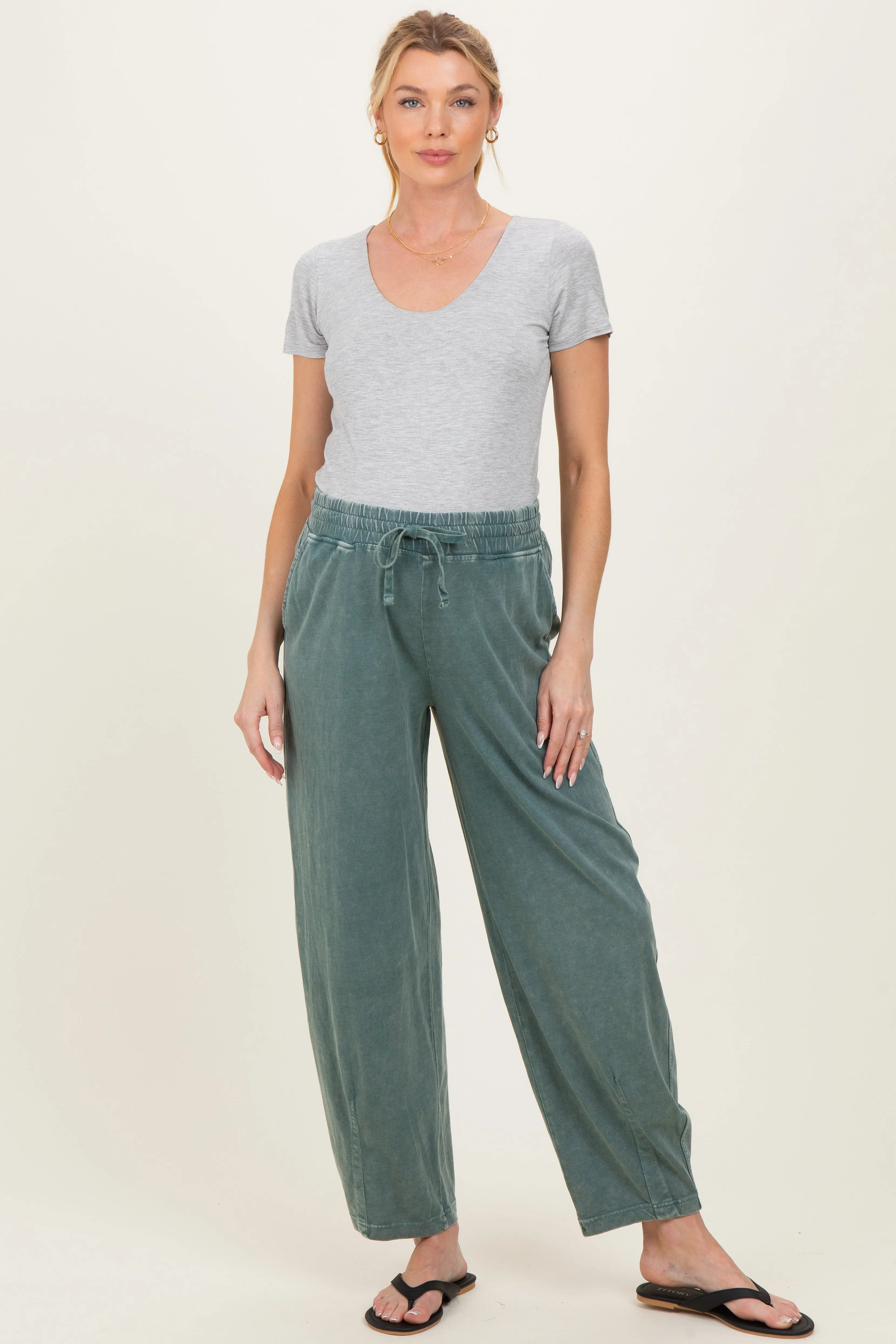 Teal Mineral Wash Barrel Leg Maternity Lounge Pants sold by Pinkblush