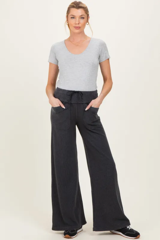 Black Mineral Wash Waffle Knit Wide Leg Maternity Pants made by Rae Mode