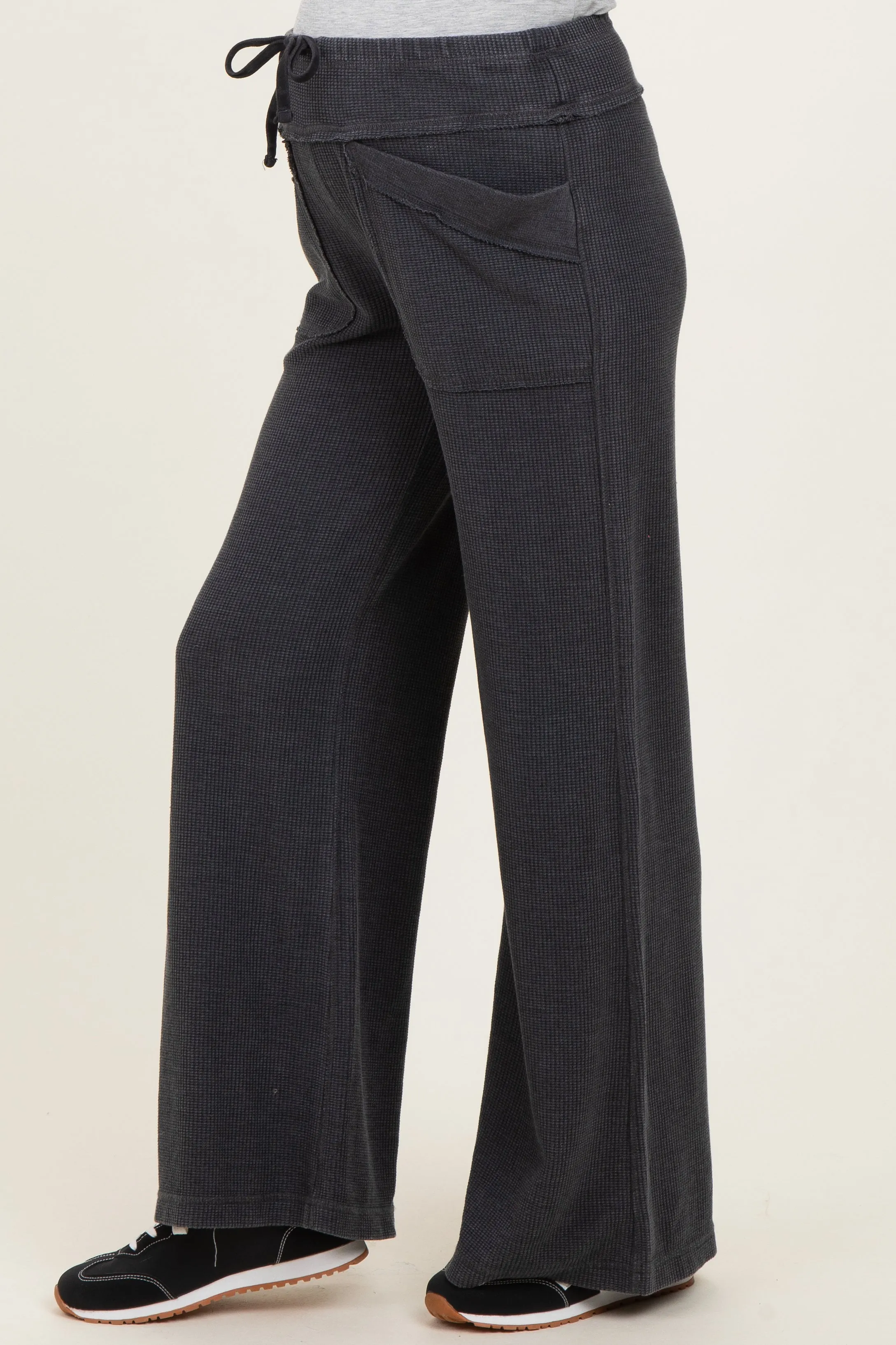 Black Mineral Wash Waffle Knit Wide Leg Maternity Pants sold by Pinkblush product image thumbnail 3