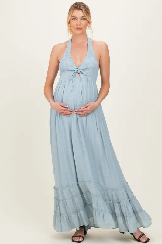 Light Blue Halter Neck Smocked Maternity Maxi Dress made by HYFVE