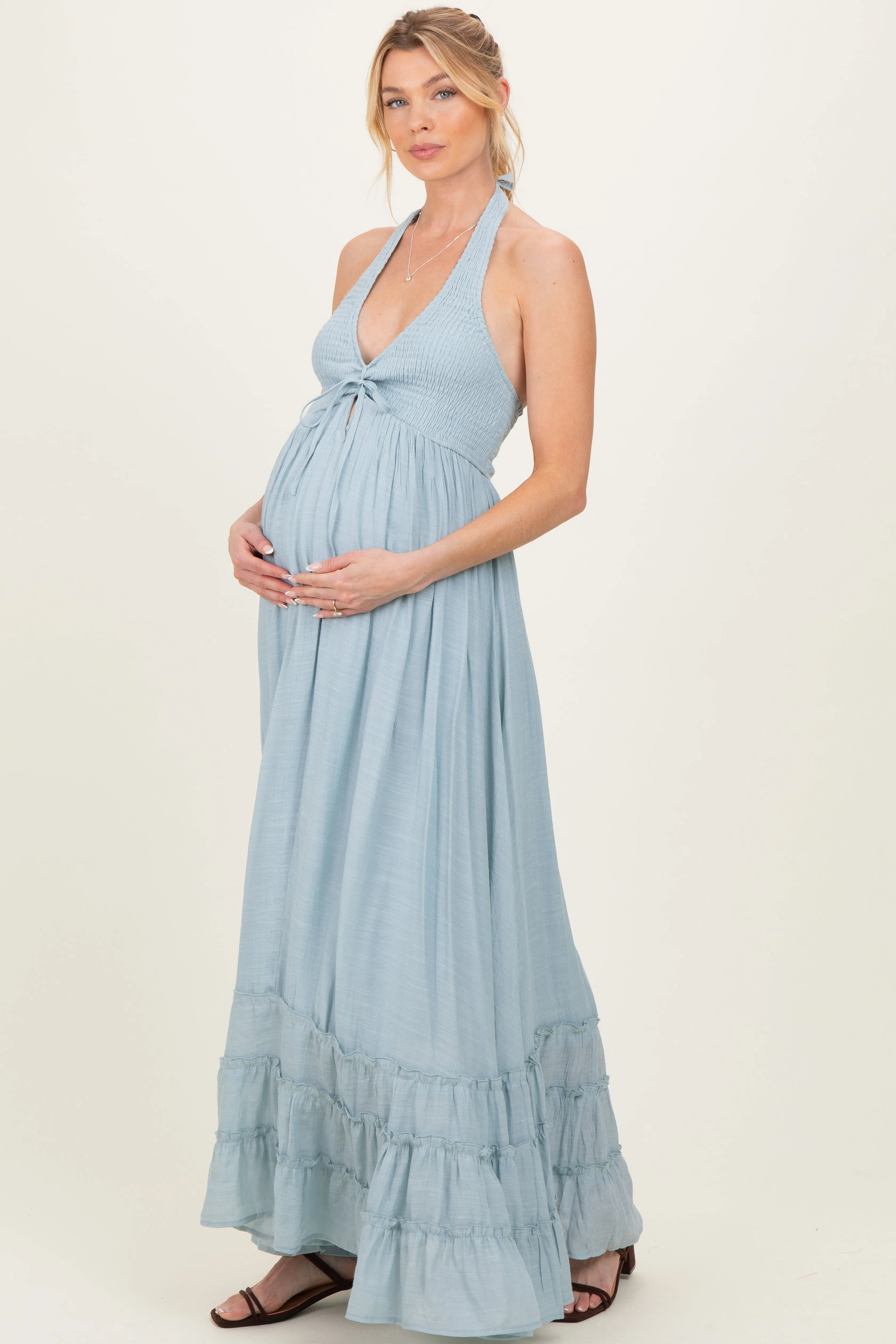 Light Blue Halter Neck Smocked Maternity Maxi Dress sold by Pinkblush product image thumbnail 2